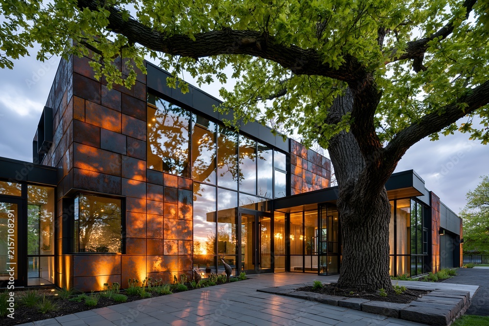 Fototapeta premium Modern building with copper-clad facade and large glass windows. Tree with thick trunk