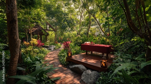 Outdoor massage bed situated within a verdant tropical forest garden