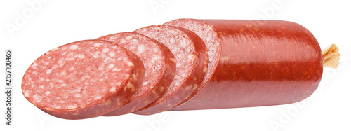 Obraz na płótnie Smoked salami sausage partially sliced into thick pieces, isolated on transparen