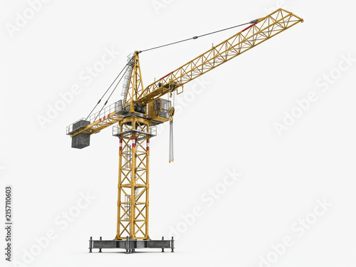 Yellow heavy duty construction tower crane with counterweight and hook isolated on white background 3D rendering