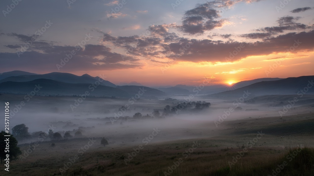 Naklejka premium Golden sunrise over misty valley with rolling hills with illuminating misty