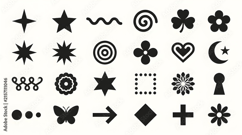 Fototapeta premium Set of 24 Black Silhouette Icons in Geometric and Symbolic Shapes – Stars, Spirals, Wavy Lines, Clover, Flowers, Concentric Circles, Hearts, Crescent Moons, Arrows, Diamonds, Crosses, Butterflies, and