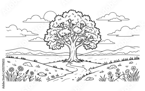 Meadow landscape with central large tree and flowers coloring page for kids and adults art.