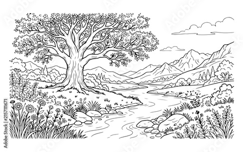 Landscape coloring page featuring giant old tree near river and distant mountain range scene.