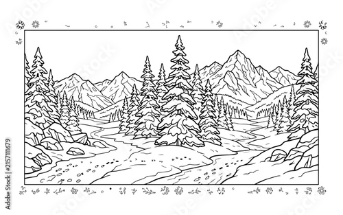 Winter mountain forest scene with pine trees and winding stream coloring book art vector.