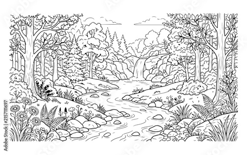 Forest stream coloring page features a winding river flowing through dense wooded landscape.