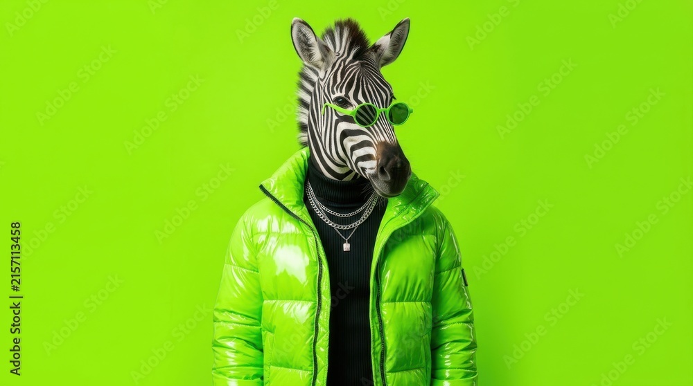 Naklejka premium A zebra head composited onto a person wearing a bright green puffer jacket stands against a green backdrop equine striped