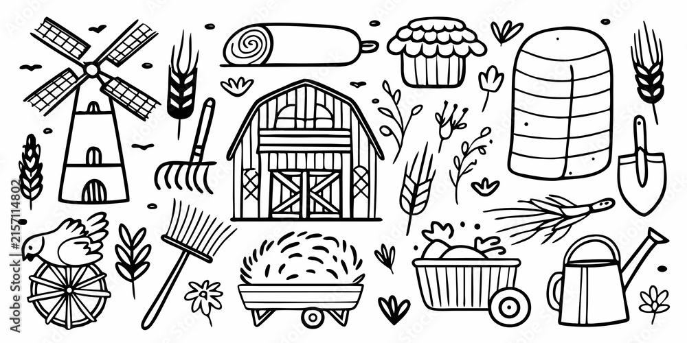 Fototapeta premium farm and agriculture doodles in hand drawn black and white style hand drawn black white