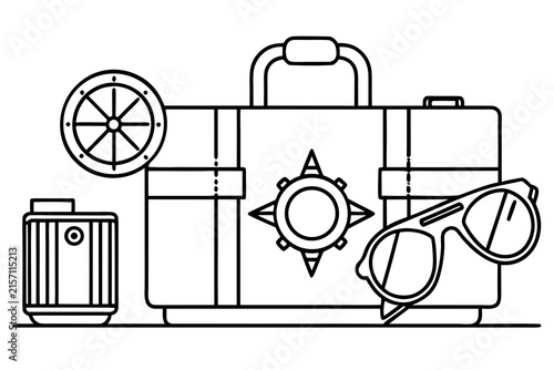 Creative luggage set with travel accessories icon