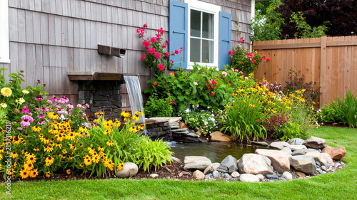Beautiful backyard garden with small waterfall and pond surrounded by colorful flowers