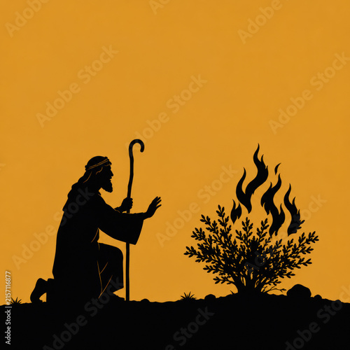 Biblical Stories in Silhouette – Moses Kneeling Before the Burning Bush with Shepherd Staff on Ochre Background