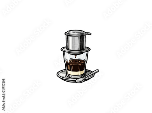 Bild auf Leinwand Detailed Cartoon Showing The Process Of Vietnamese Phin Coffee Dripping Into A G