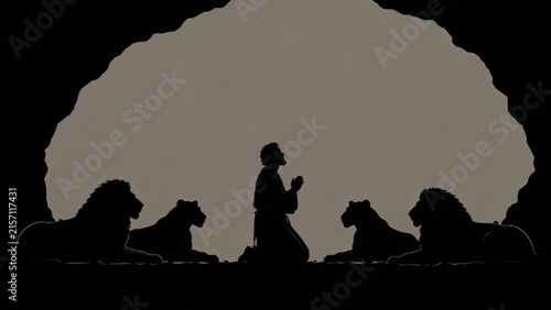 Biblical Stories in Silhouette – Daniel Praying Among Lions in the Lions' Den on a Minimalist Gray Background