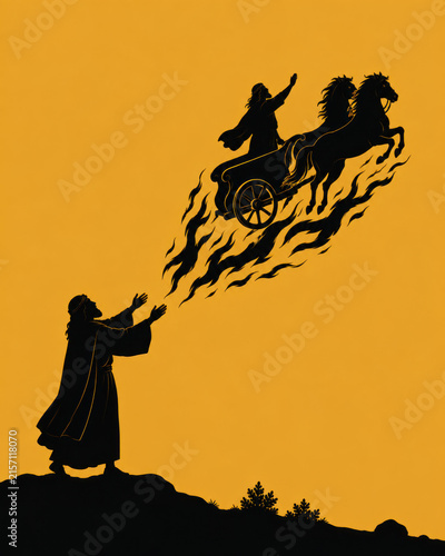Biblical Stories in Silhouette – Elijah Ascending to Heaven in a Fiery Chariot Pulled by Horses Above Elisha