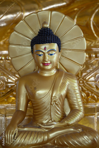 Golden Buddha Statue with Ornate Eyes and Decorative Halo