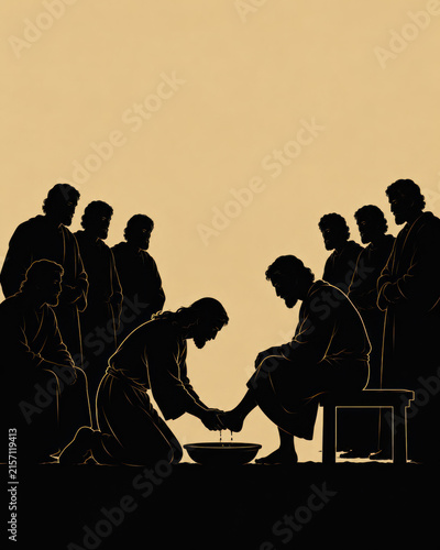 Biblical Stories in Silhouette – Jesus Washing a Disciple's Feet Before the Last Supper with Apostles on Beige Background