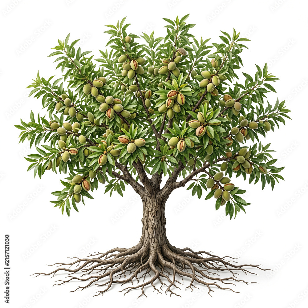 Fototapeta premium Mission Almond tree, mature full tree bearing abundant mature almonds surrounded by green hulls, exposed visible roots, 11 ratio, isolated on seamless pure white background