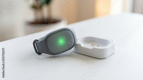 Smart wearable device charging on a white table with a green indicator light