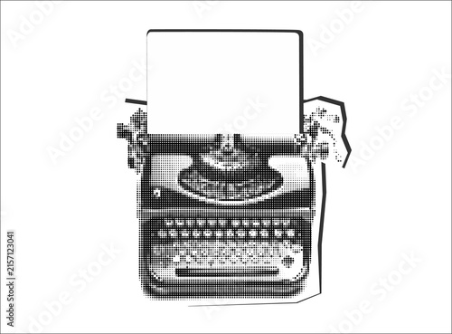 Collage element of a vintage typewriter with a blank paper sheet, halftone newspaper style on transparent background, writing and journalism concept, hand drawn illustration