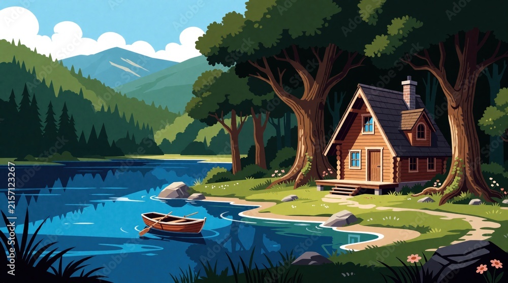 Fototapeta premium Cartoon illustration of cozy wooden cabin near blue lake. Small cottage sits among tall trees, green hills. Rowing boat floats on calm water surface. Peaceful forest landscape for summer camping,
