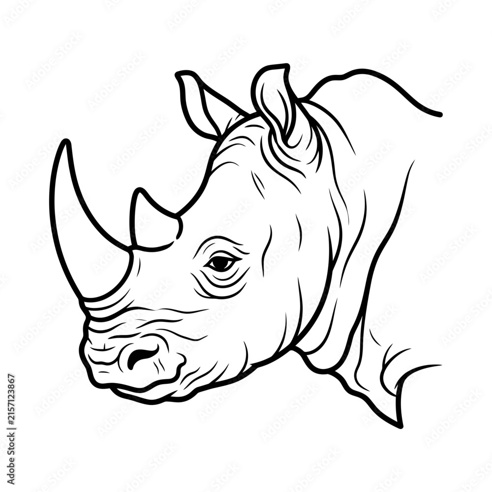 Fototapeta premium Line art illustration of a rhinoceros head in profile view, black and white drawing, simple, isolated on white background, graphic resource.