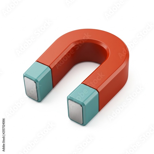 Plakat w ramie Red horseshoe magnet featuring teal tips and silver poles for physical science experiments and educational magnetism demonstrations in studio.