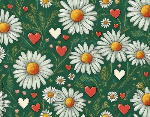 seamless floral pattern with daisies and hearts on a green background ideal for textiles wallpaper prints and packaging