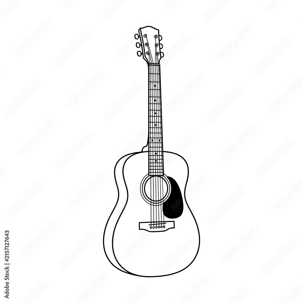 Obraz premium Black and White Outline Illustration of an Acoustic Guitar, Simple Line Art of a Musical Instrument on a White Background