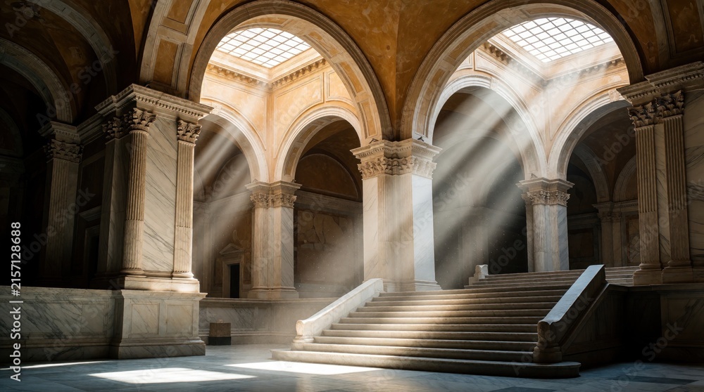 Fototapeta premium Sunlight rays shine through skylight into ancient marble hall. Dust particles dance in bright light beams inside historic building. Grand stone columns, wide stairs create dramatic atmosphere in