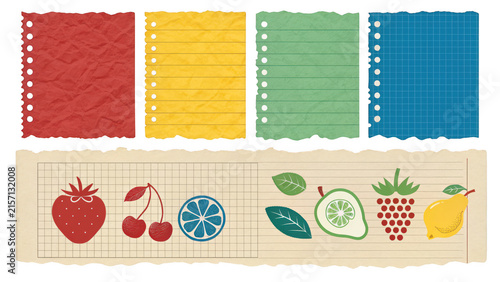 A Collection of Colorful Torn Paper Notebook Sheets Featuring Red, Yellow, Green, and Blue Textures Alongside a Long Strip Decorated with Various Hand-Drawn Fruit Illustrations