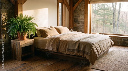 Cozy rustic bedroom interior with wooden bed linen bedding and large window overlooking forest