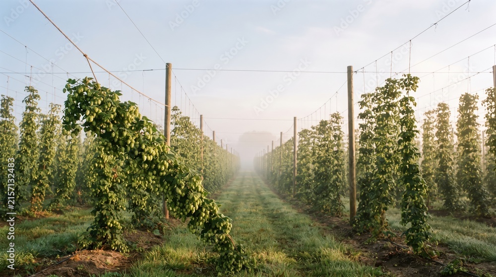 Obraz premium At dawn, a peaceful hop farm comes alive in soft morning mist. Lush green vines stretch along neat rows, creating a serene atmosphere filled with nature's beauty.