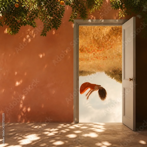 Doorway opening onto upside down field