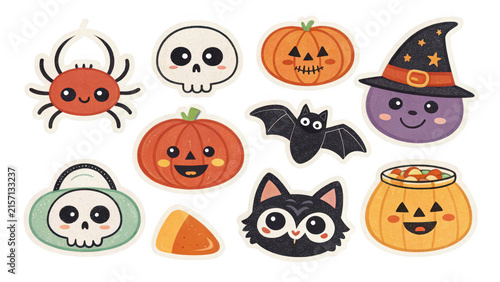 A festive collection of adorable and whimsical Halloween-themed stickers featuring cute pumpkins, a friendly bat, a spooky skull, a black cat, and magical witch accessories.