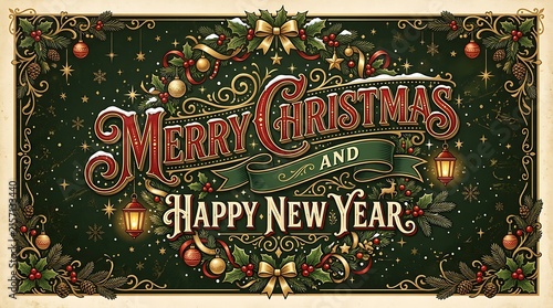 Merry christmas and happy new year lettering with intricate dark green floral border for holiday greeting card.