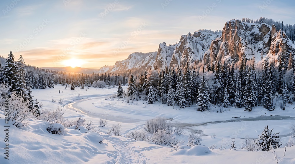 Obraz premium Majestic snowy mountain range at sunset with winding frozen river for winter landscape stock imagery.