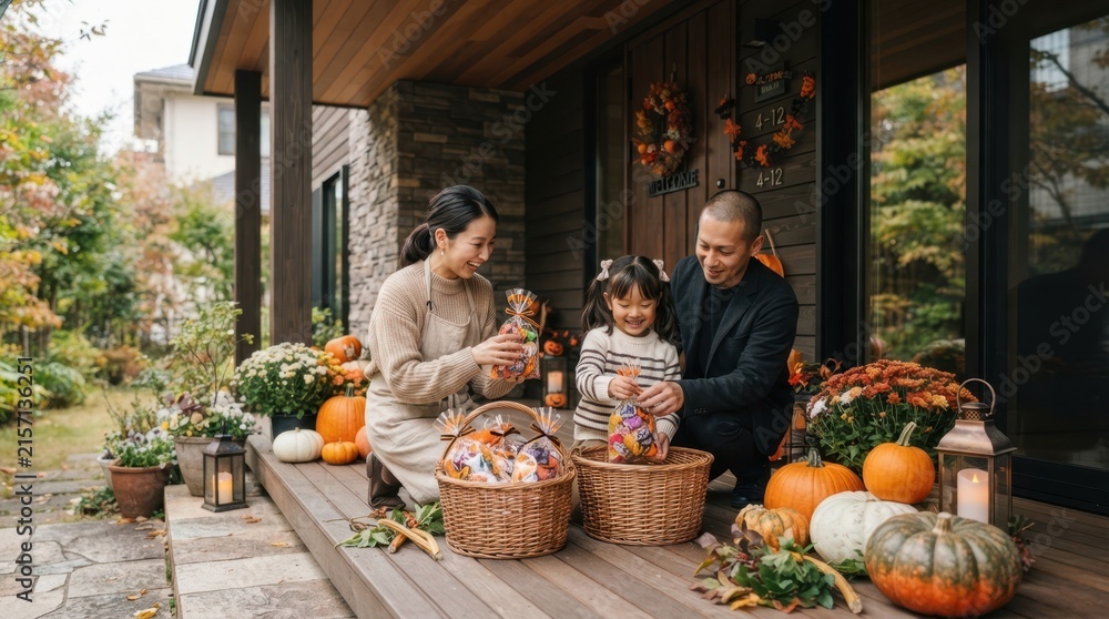 Naklejka premium Family preparing Halloween candy bags on porch with pumpkins and mums
