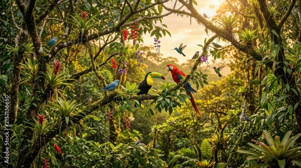 Naklejka premium Vibrant rainforest scene with toucan, macaw, hummingbirds, and blue birds