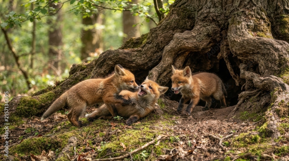 Naklejka premium Three playful fox cubs tumble and wrestle near their den in a forest setting