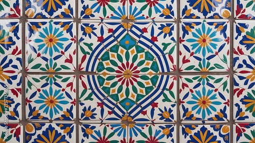 Colorful Moroccan tile pattern, vibrant arabesque ceramic mosaic background, multi-colored lantern shape wall texture for interior design and decor 