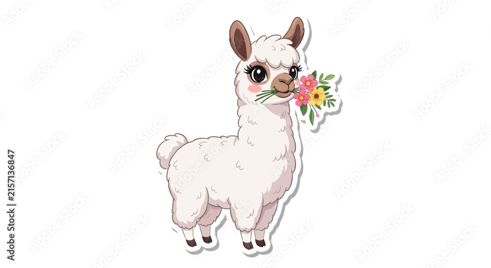 Naklejka premium Cute Llama Holding Flowers in Mouth, Isolated on Transparent Background