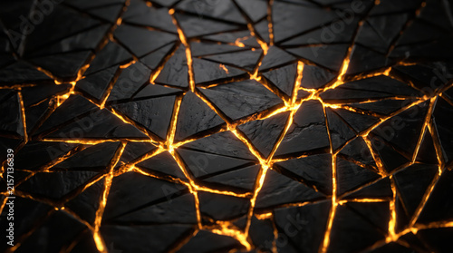 Black surface with glowing golden cracks abstract background.