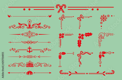 Red christmas holiday ornaments and page dividers for winter seasonal card decorations.