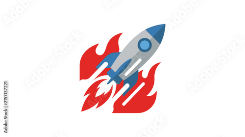 Rocket ship launching with red flames illustration on white background