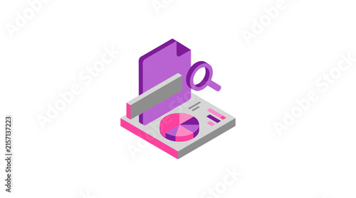 Isometric 3D Business Data Analysis Report with Magnifying Glass