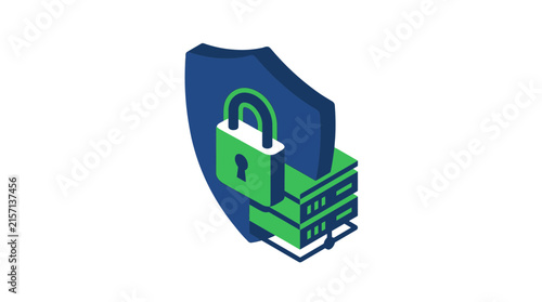 Isometric Illustration of Shield Padlock and Servers for Data Security