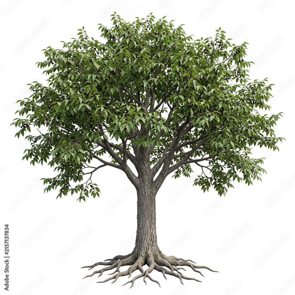 Obraz premium Hackberry tree, mature full tree with broad rounded canopy, rough gray bark, serrated leaves and small dark fruits, exposed visible roots, 11 ratio, isolated on seamless pure white background