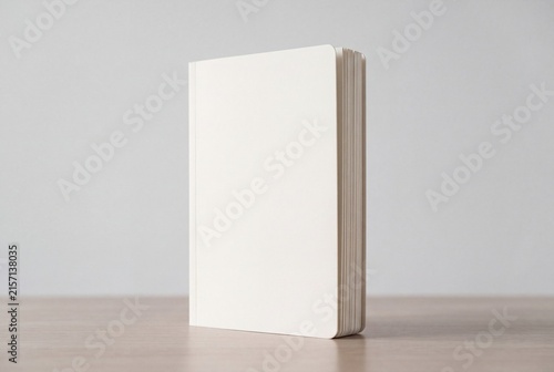Blank paperback book mockup standing upright on a wooden shelf