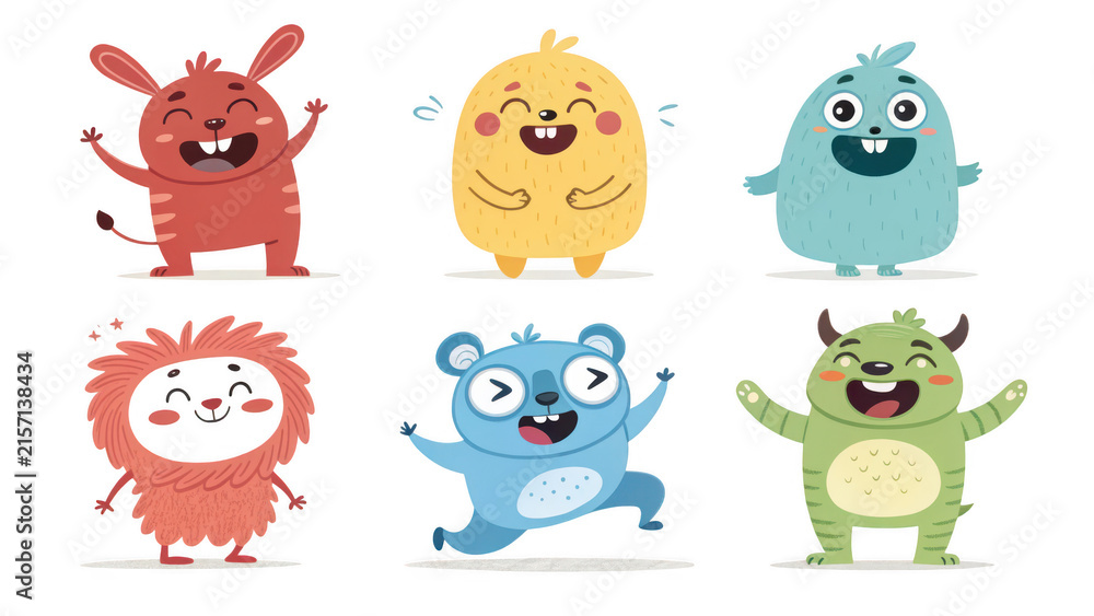 Naklejka premium A delightful collection of six vibrant and friendly cartoon monsters, each with unique features, expressive faces, and cheerful poses set against a clean white background.