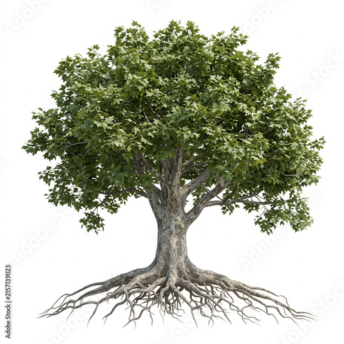 European Sycamore tree, mature full tree with massive gray mottled bark, dense rounded canopy and palmate leaves, exposed visible roots, 11 ratio, isolated on seamless pure white background